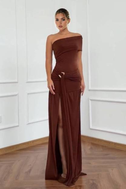 Slant-Shoulder Pleated Slit Maxi Dress