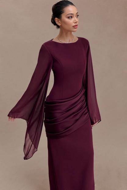 Pleated  Design Long Sleeve Maxi Dress
