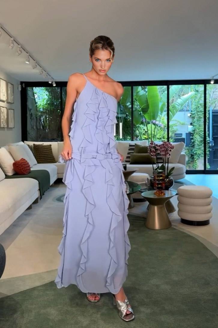 Slant Shoulder Ruffled Maxi Dress