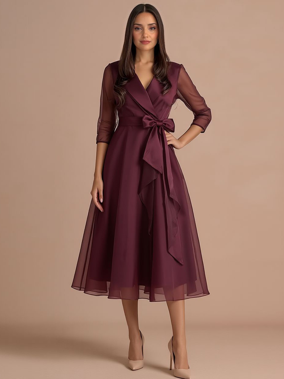 Elegant Draped Shawl-Collar Organza Midi Dress