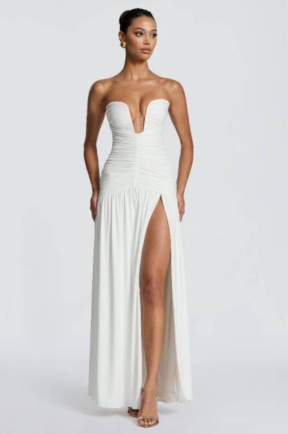 V-Neck Pleated Slit Maxi Dress