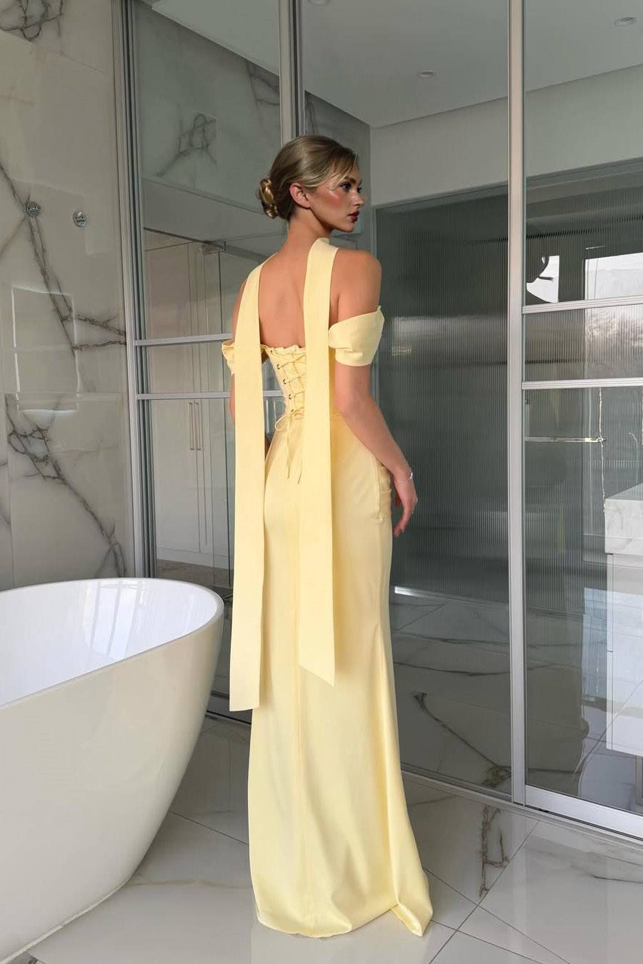 Off-Shoulder Pleated Scarf Maxi Dress