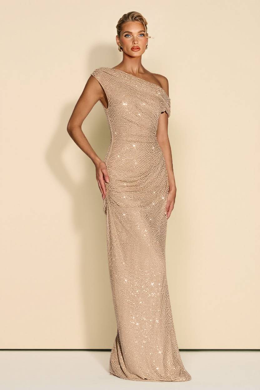 Off-Shoulder Shiny Pleated Maxi Dress