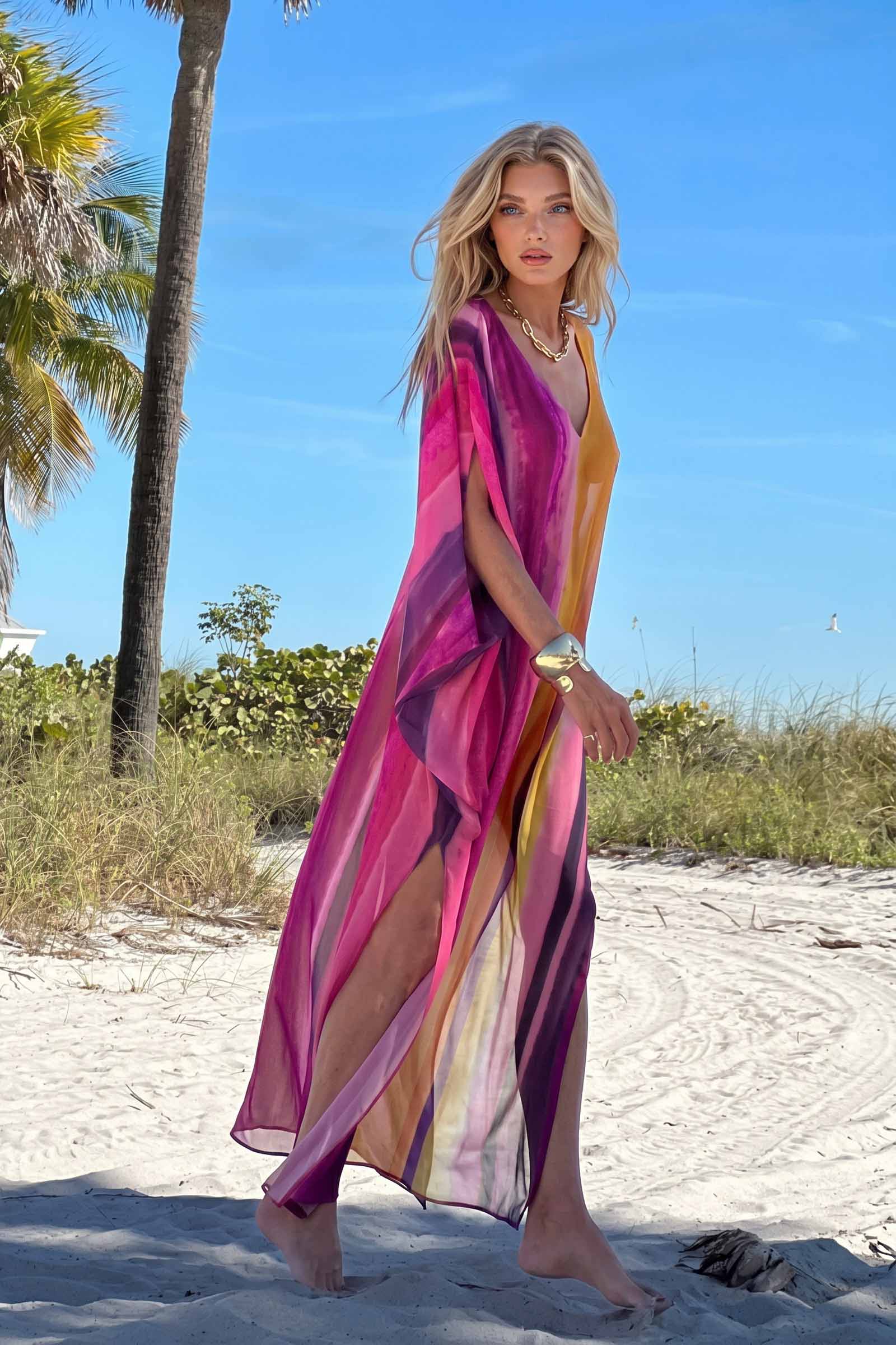 V-Neck Side Slit Printed Maxi Dress