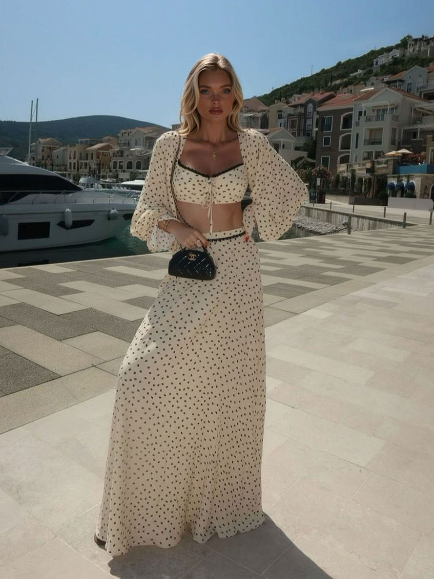 Elegant Polka Dot Crop Top & Maxi Skirt Set