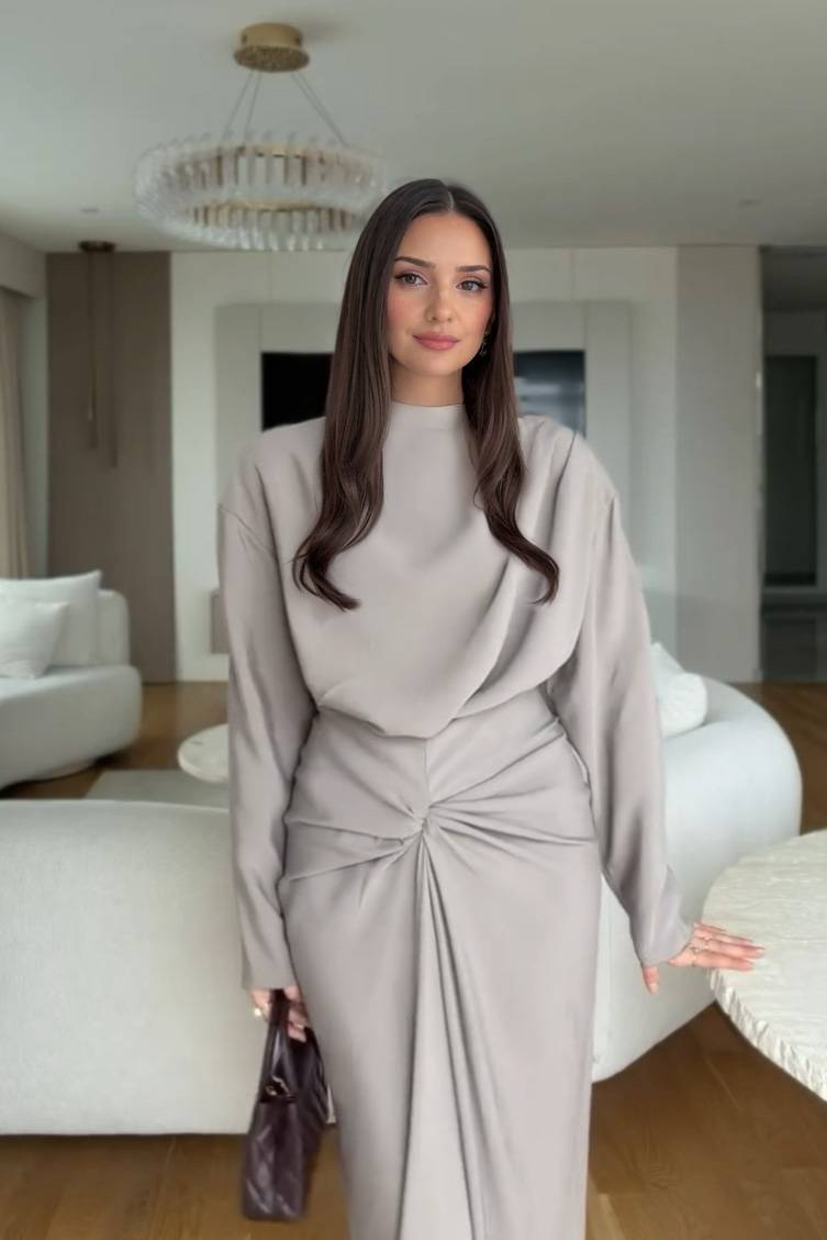 Boat Neck Pleated Slim Fit Maxi Dress