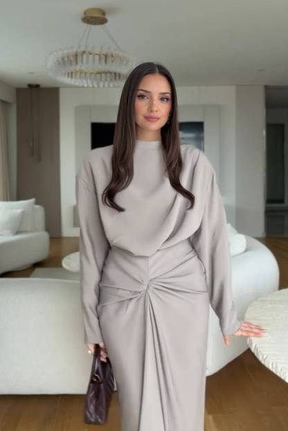 Boat Neck Pleated Slim Fit Maxi Dress