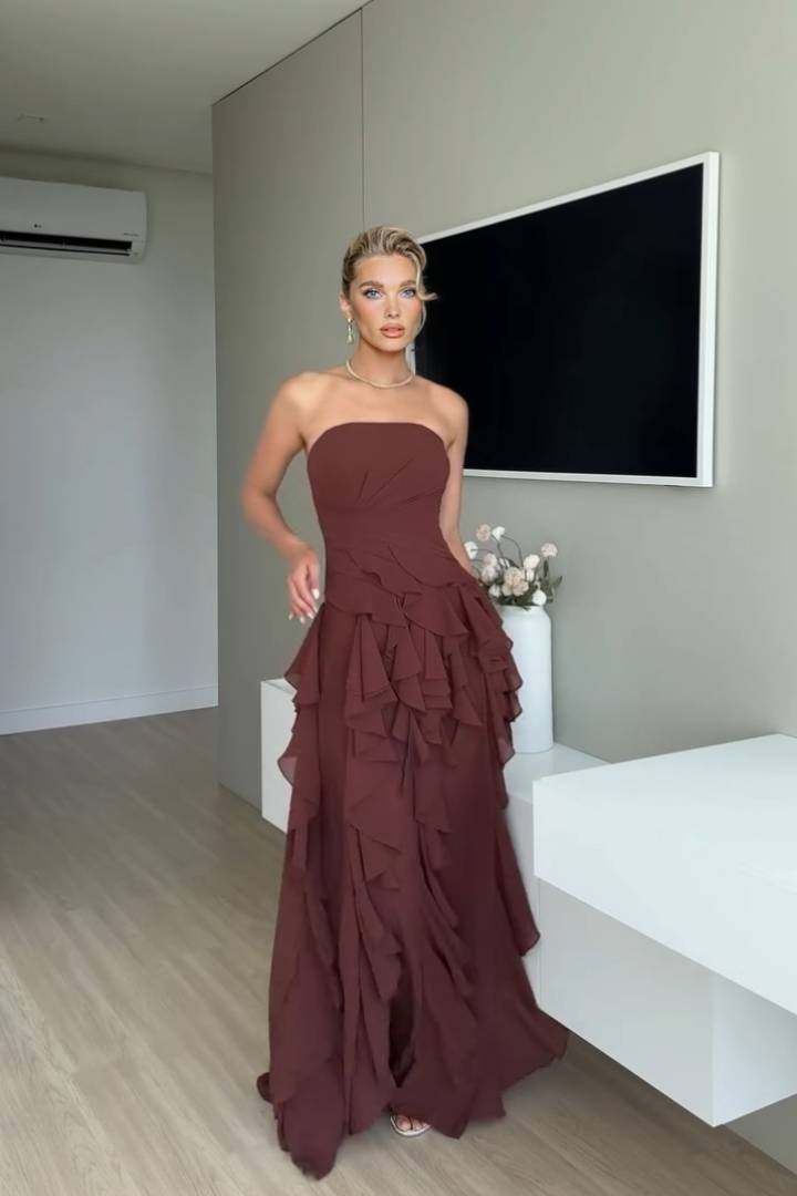 Pleated Strapless Ruffle Slit Dress 