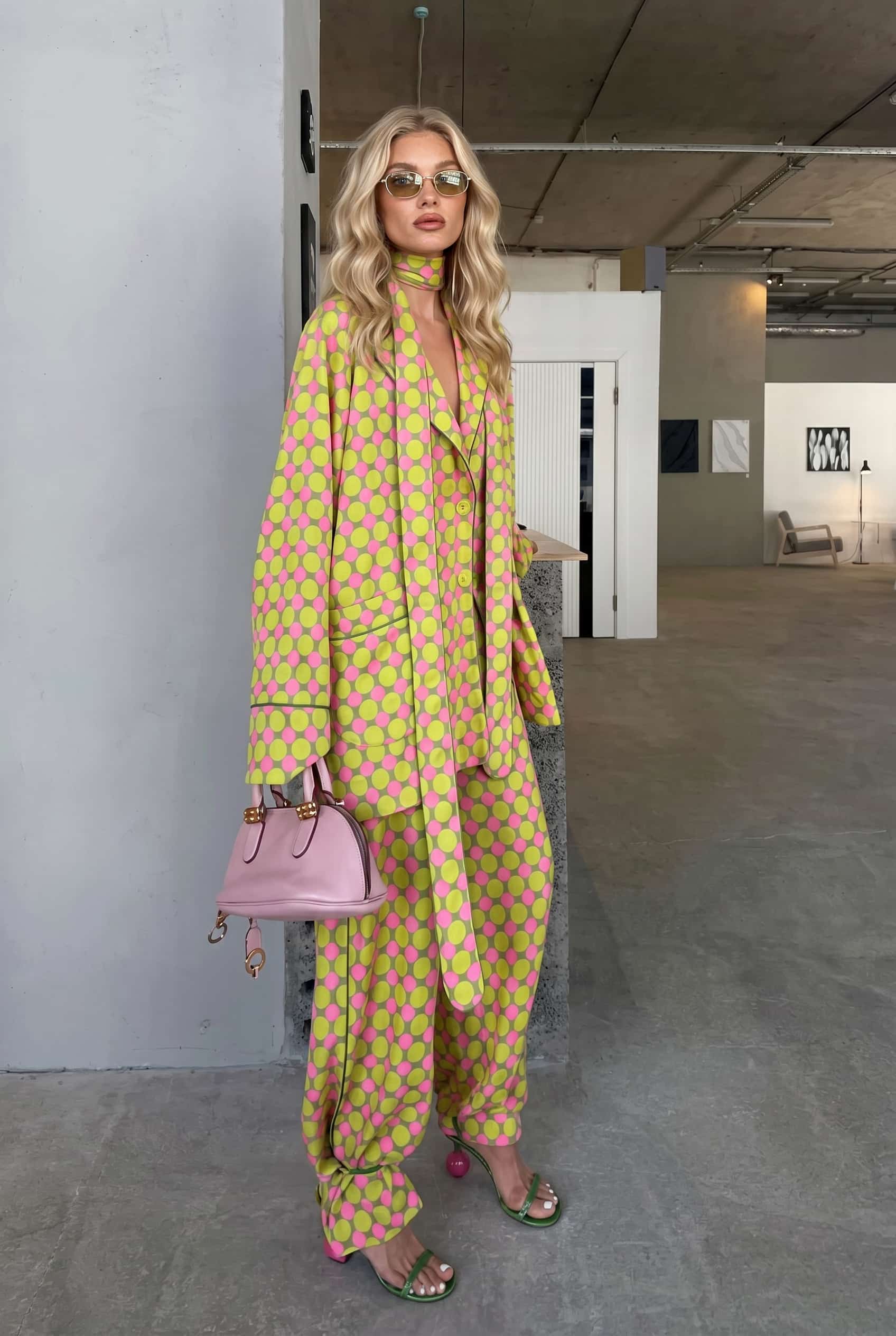 Printed Scarf Shirt And Wide Leg Pants Set