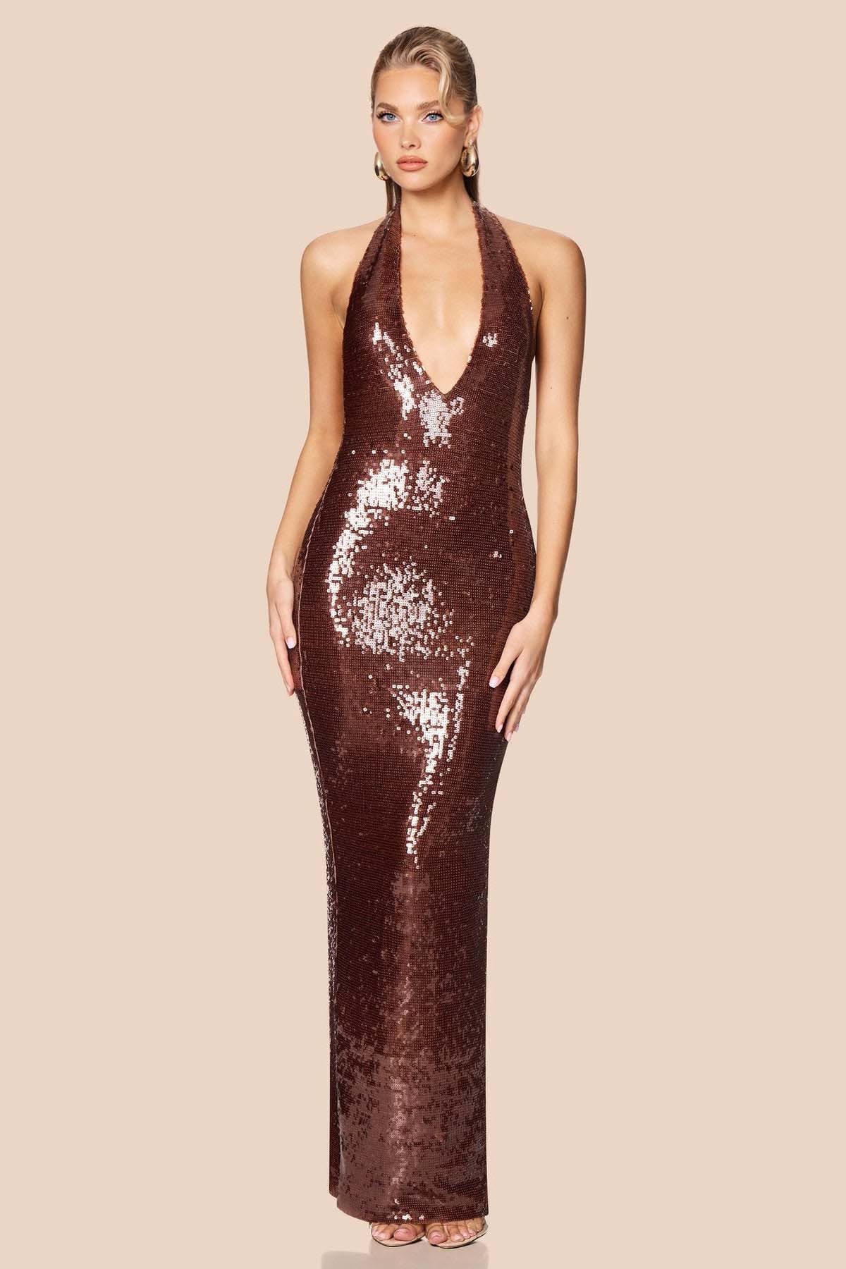 Halter-Neck Sequin Maxi Dress