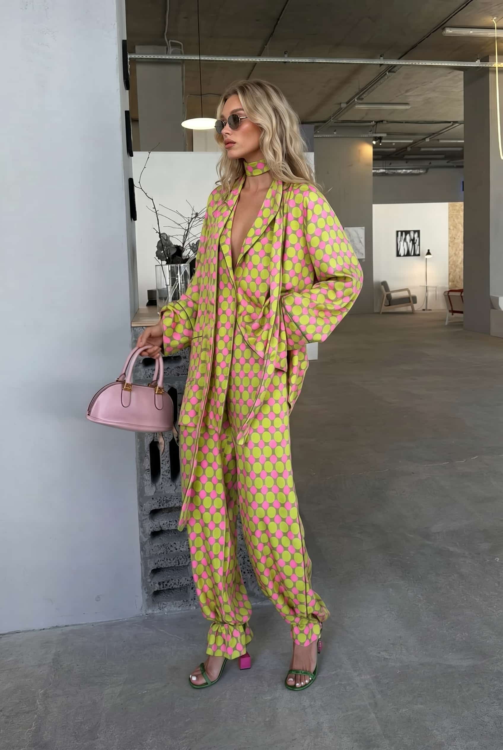 Printed Scarf Shirt And Wide Leg Pants Set