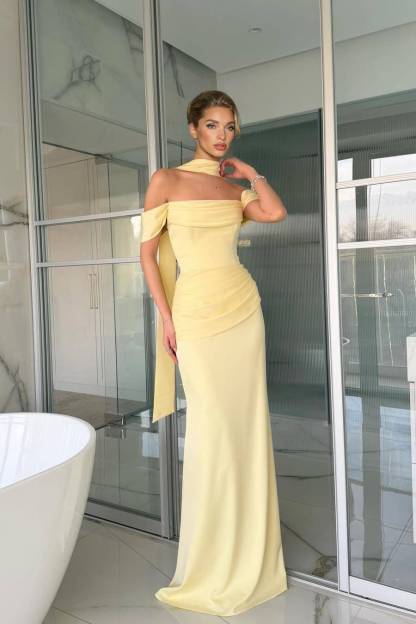 Off-Shoulder Pleated Scarf Maxi Dress