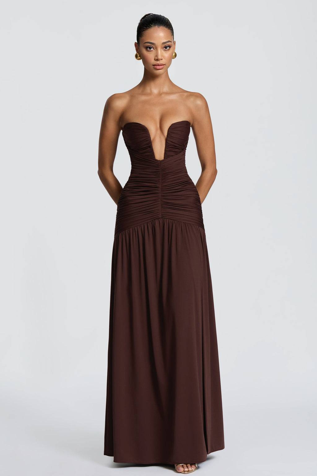 V-Neck Pleated Slit Maxi Dress