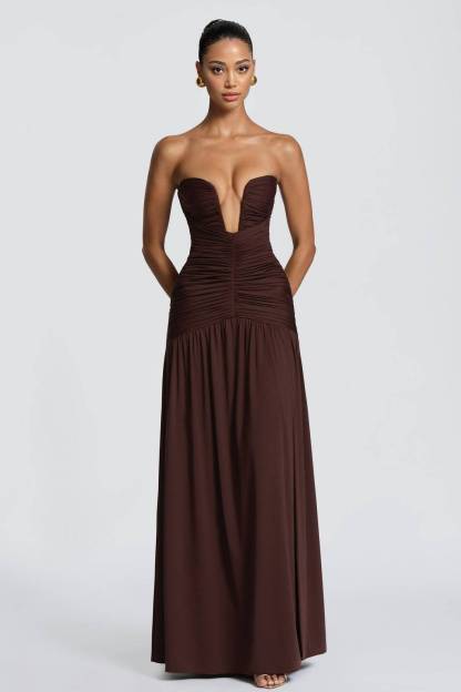 V-Neck Pleated Slit Maxi Dress