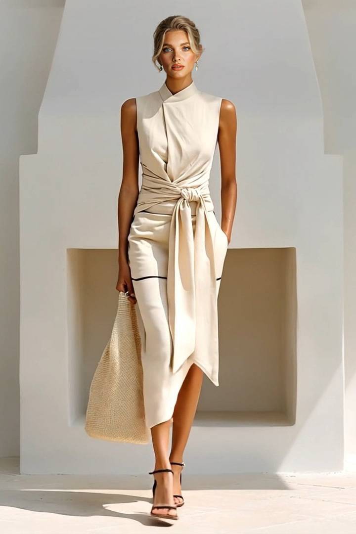 Stand-collar Lace-Up Irregular Hem Dress