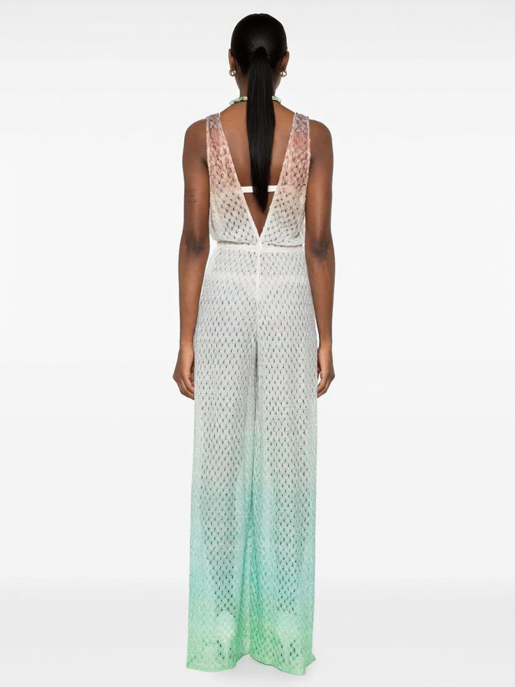 Elegant Gradient Crochet Deep V Wide-Leg Jumpsuit