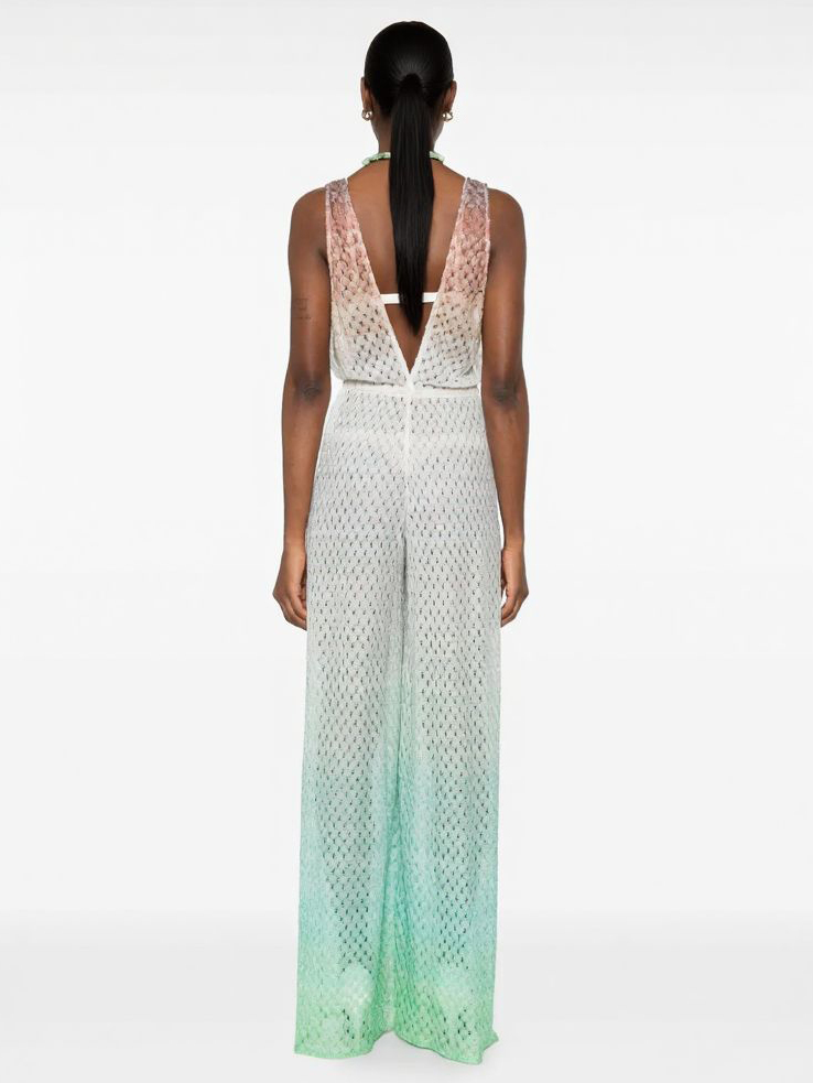 Elegant Gradient Crochet Deep V Wide-Leg Jumpsuit