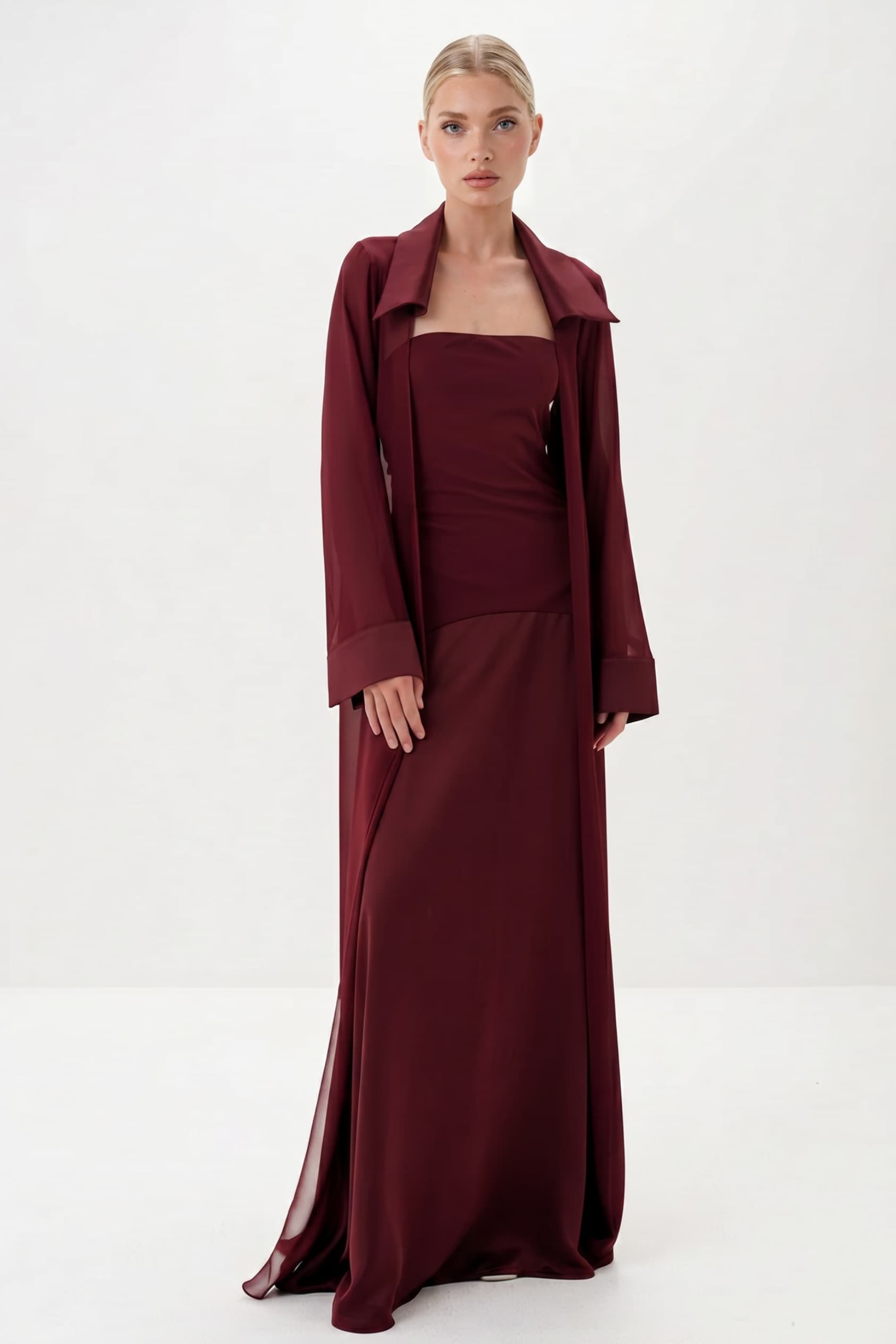 Elegant Satin Maxi Dress & Long Sheer Chiffon Cover-Up Two-Piece Set