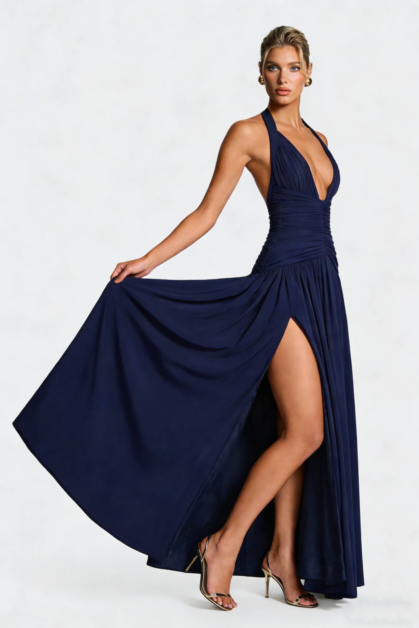 Halter Neck Pleated Slit Maxi Dress