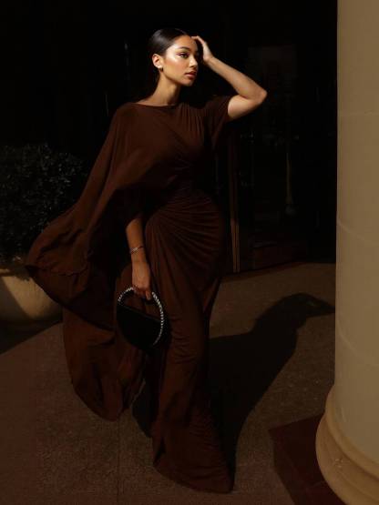 Boat Neck Pleated Slim Fit Maxi Dress