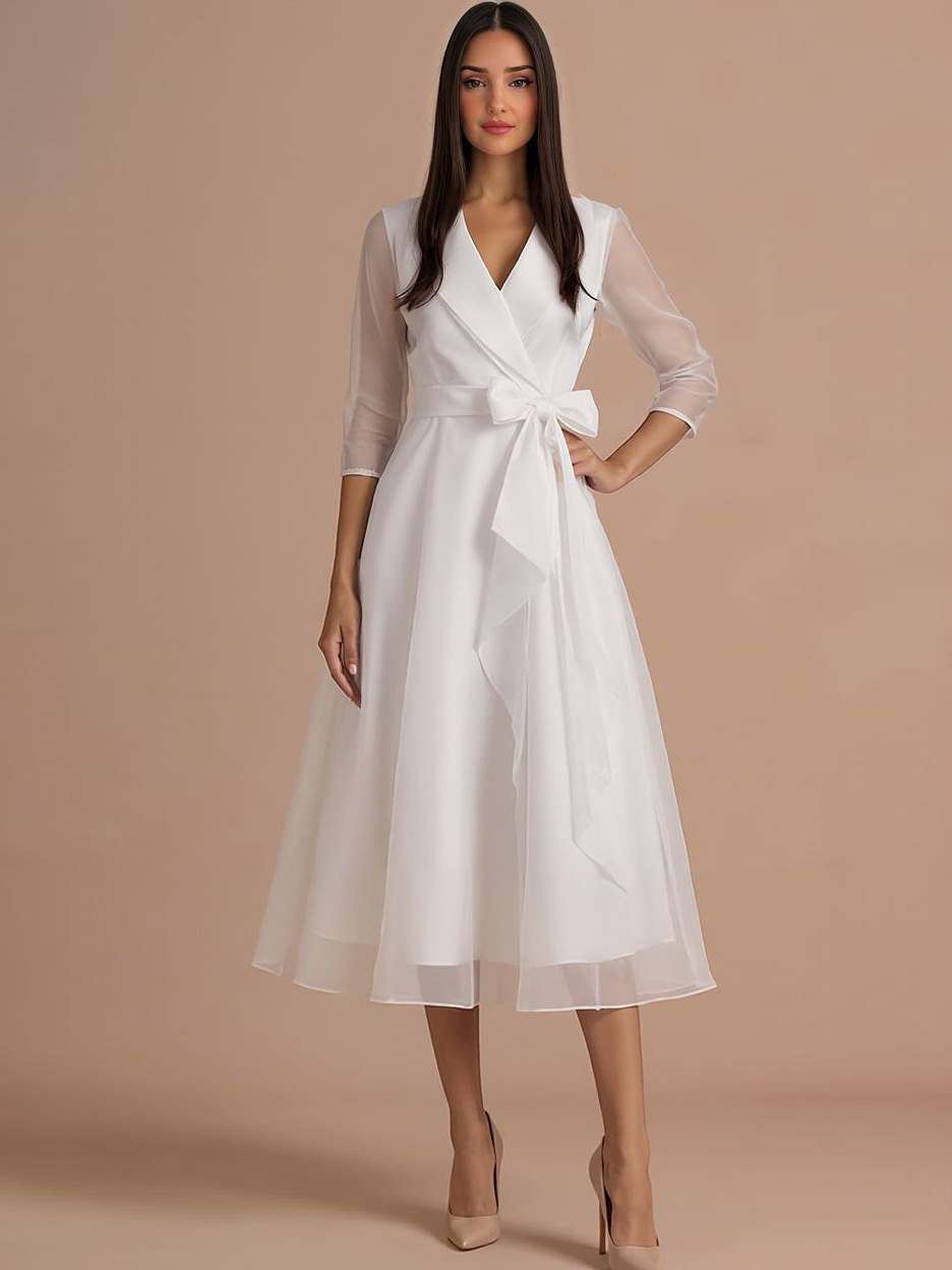 Elegant Draped Shawl-Collar Organza Midi Dress