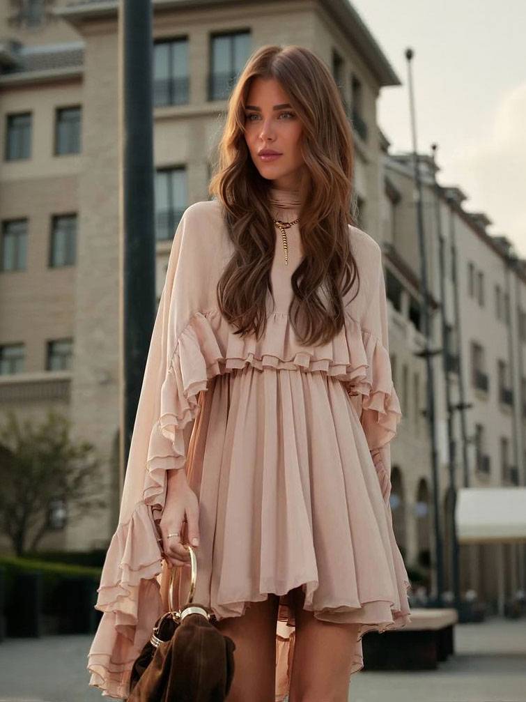 Semi-Sheer Chiffon Ruffle Cape And Mini Dress Suit