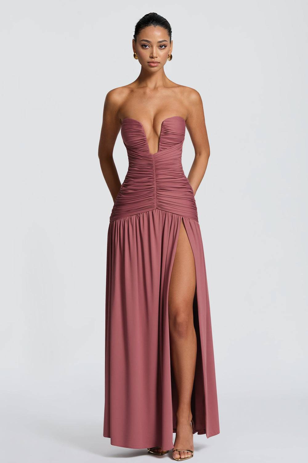 V-Neck Pleated Slit Maxi Dress