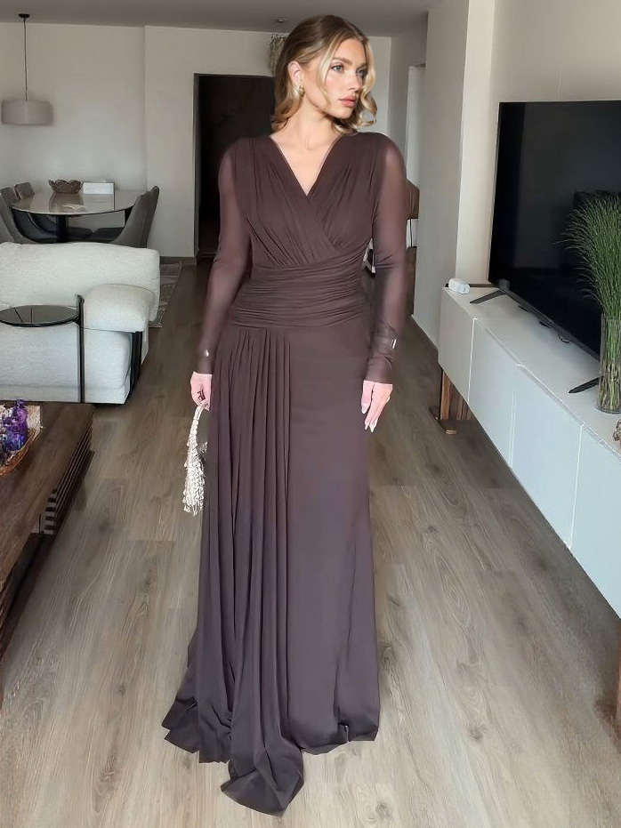 Elegant Long-sleeved Mesh Pleated Maxi Dress