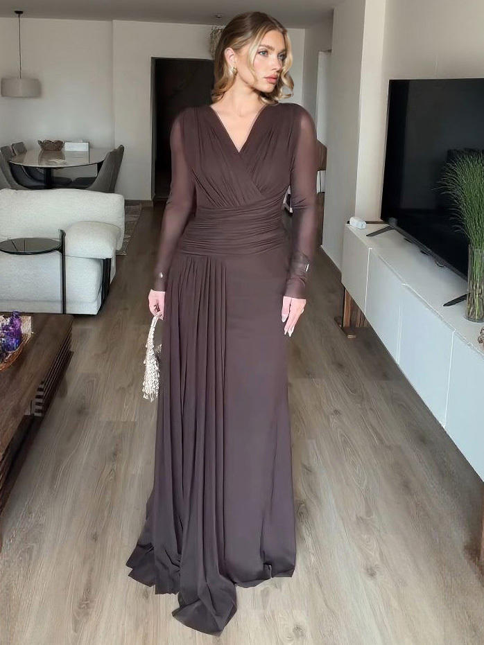 Elegant Long-sleeved Mesh Pleated Maxi Dress