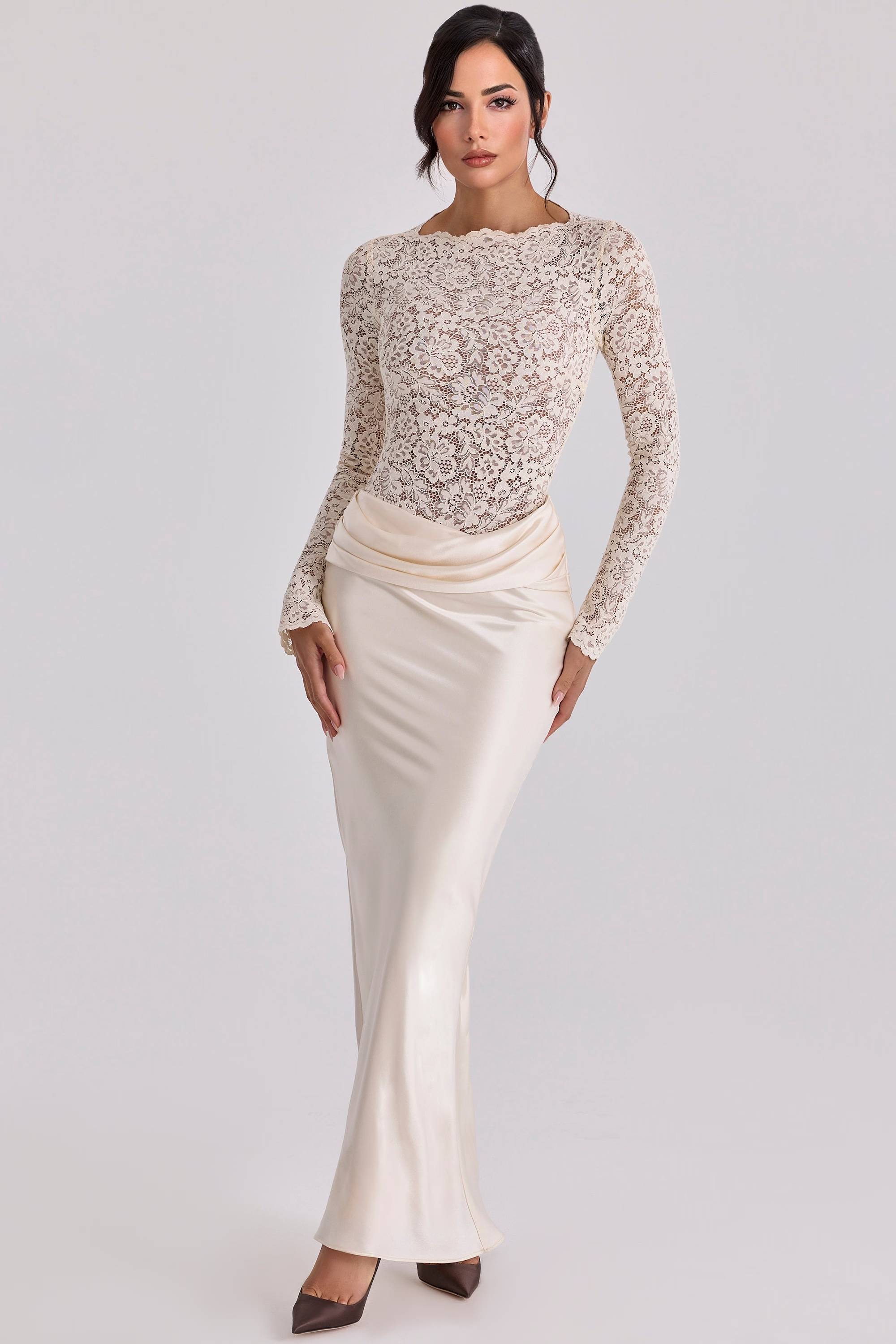 Lace Splicing Pleated Design Maxi Dress