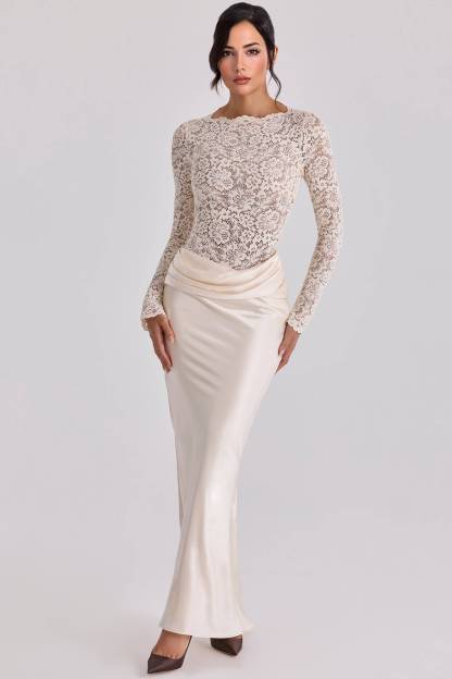 Lace Splicing Pleated Design Maxi Dress