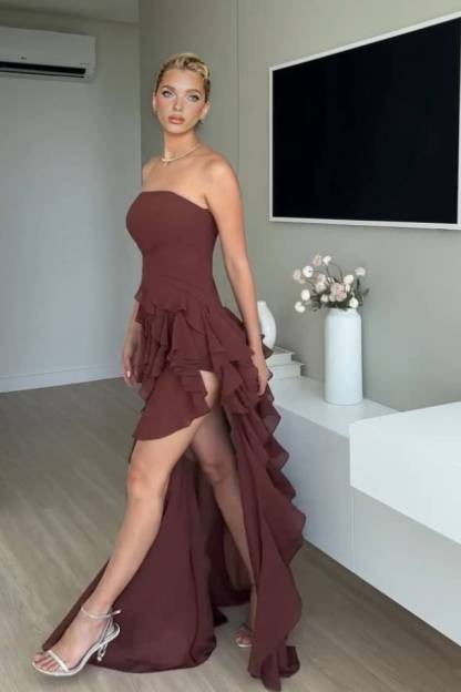 Pleated Strapless Ruffle Slit Dress 