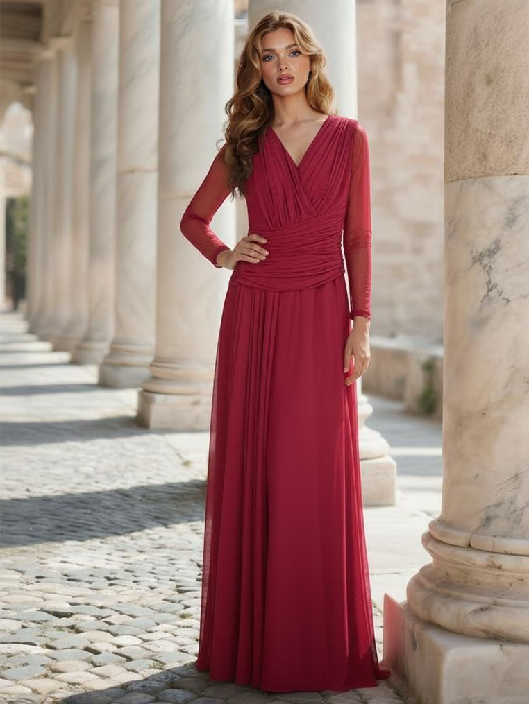Elegant Long-sleeved Mesh Pleated Maxi Dress