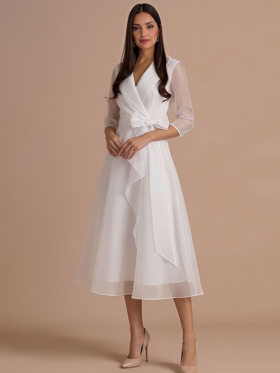 Elegant Draped Shawl-Collar Organza Midi Dress