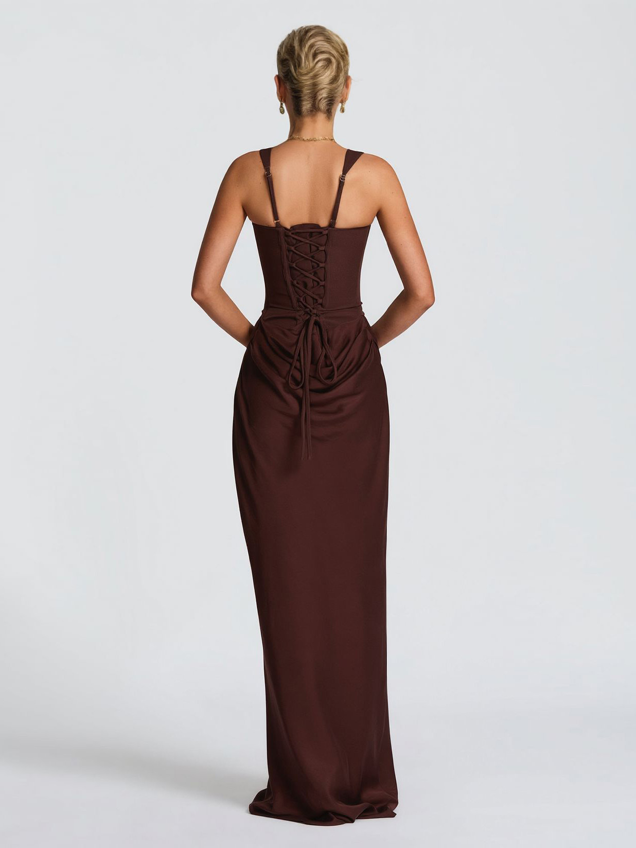 Elegant Square Neck Cinched Top & Ruched Waist Draped Maxi Dress