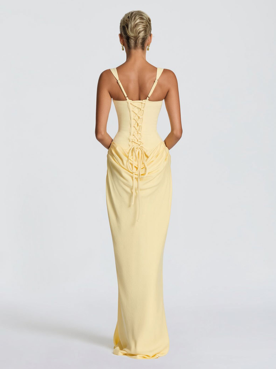 Elegant Square Neck Cinched Top & Ruched Waist Draped Maxi Dress