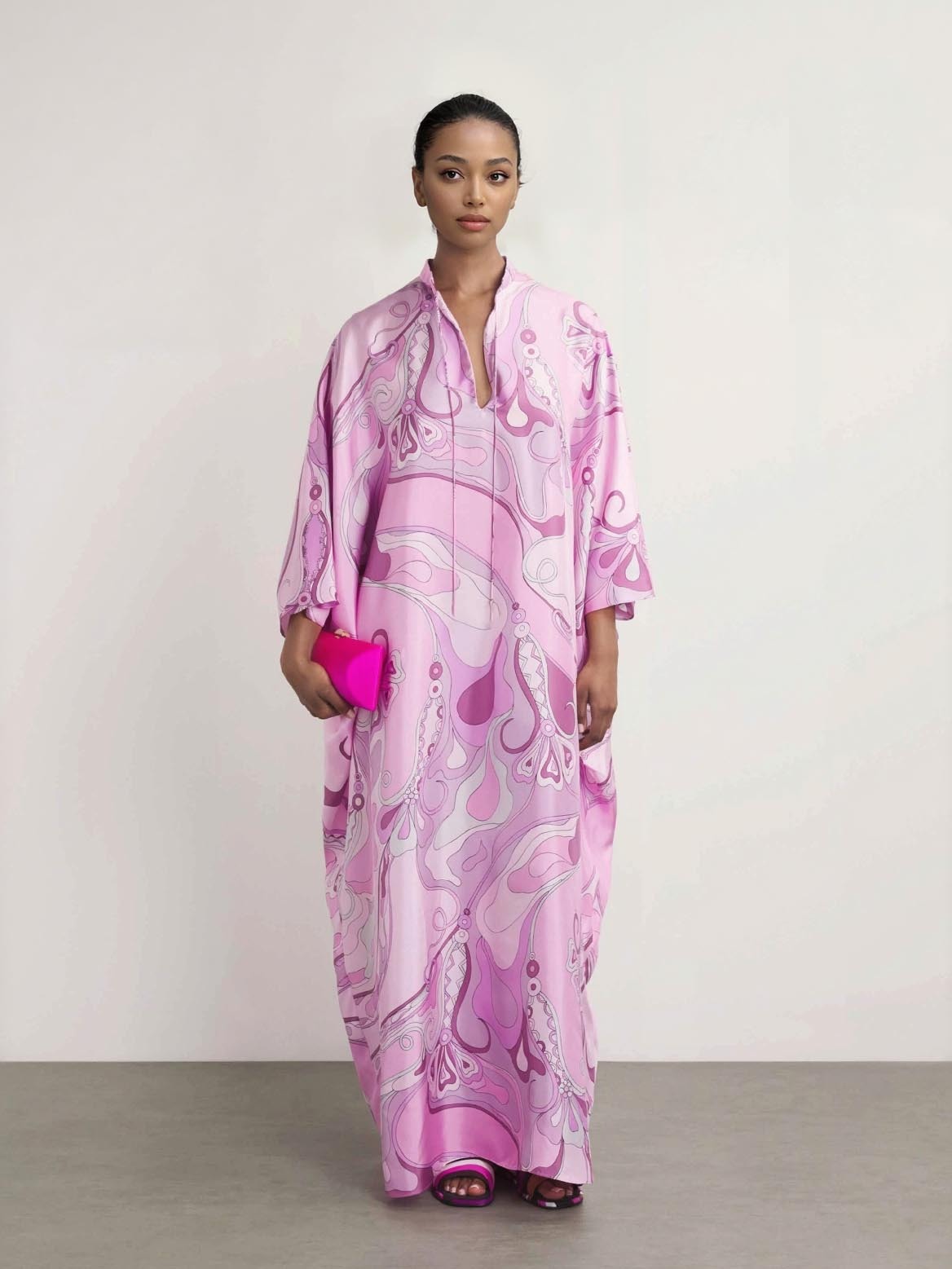 Retro Glam Pink Swirl Print Kaftan Maxi Dress