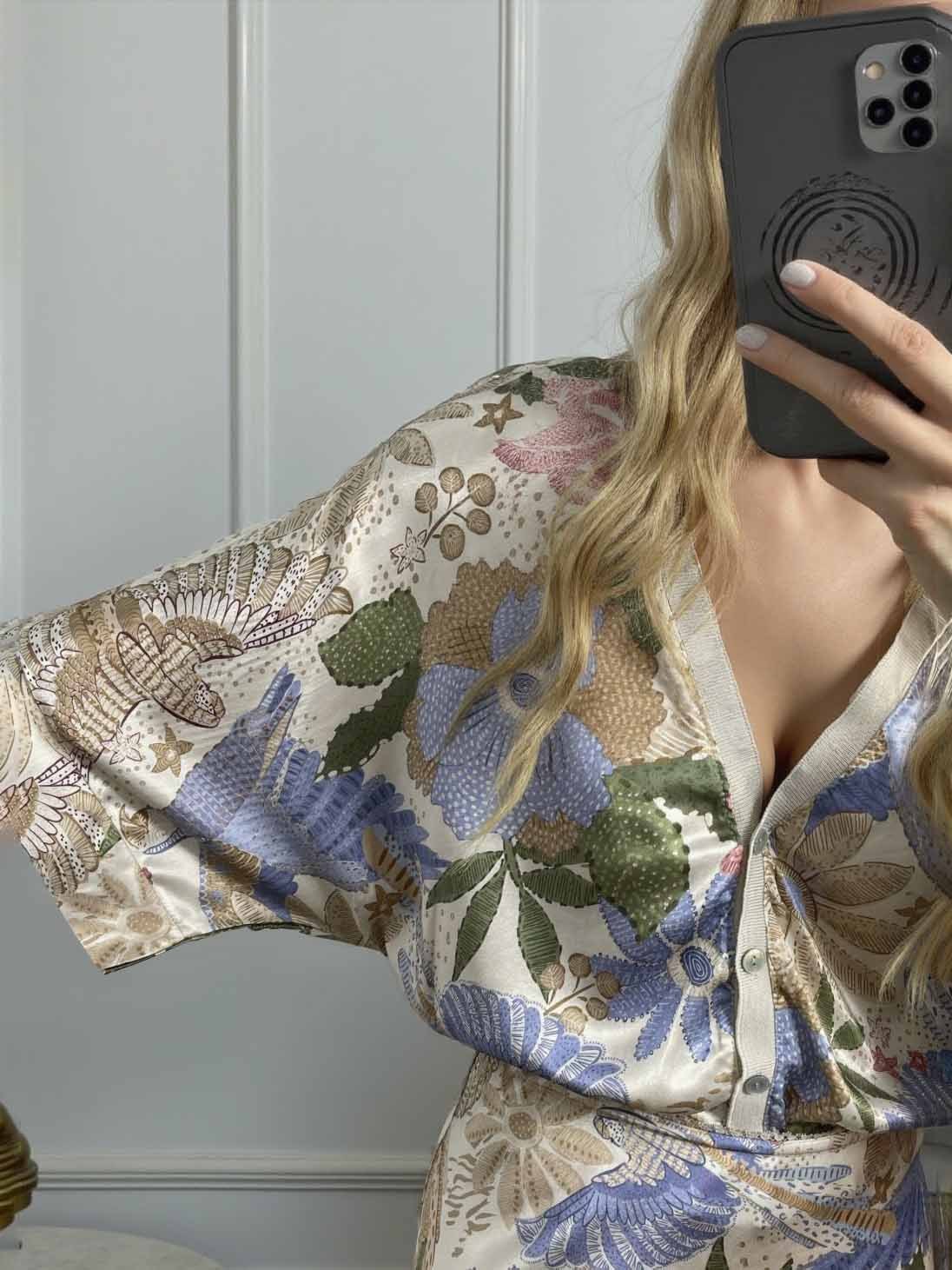 Exquisite Satin Floral Print Off-shoulder Shirt