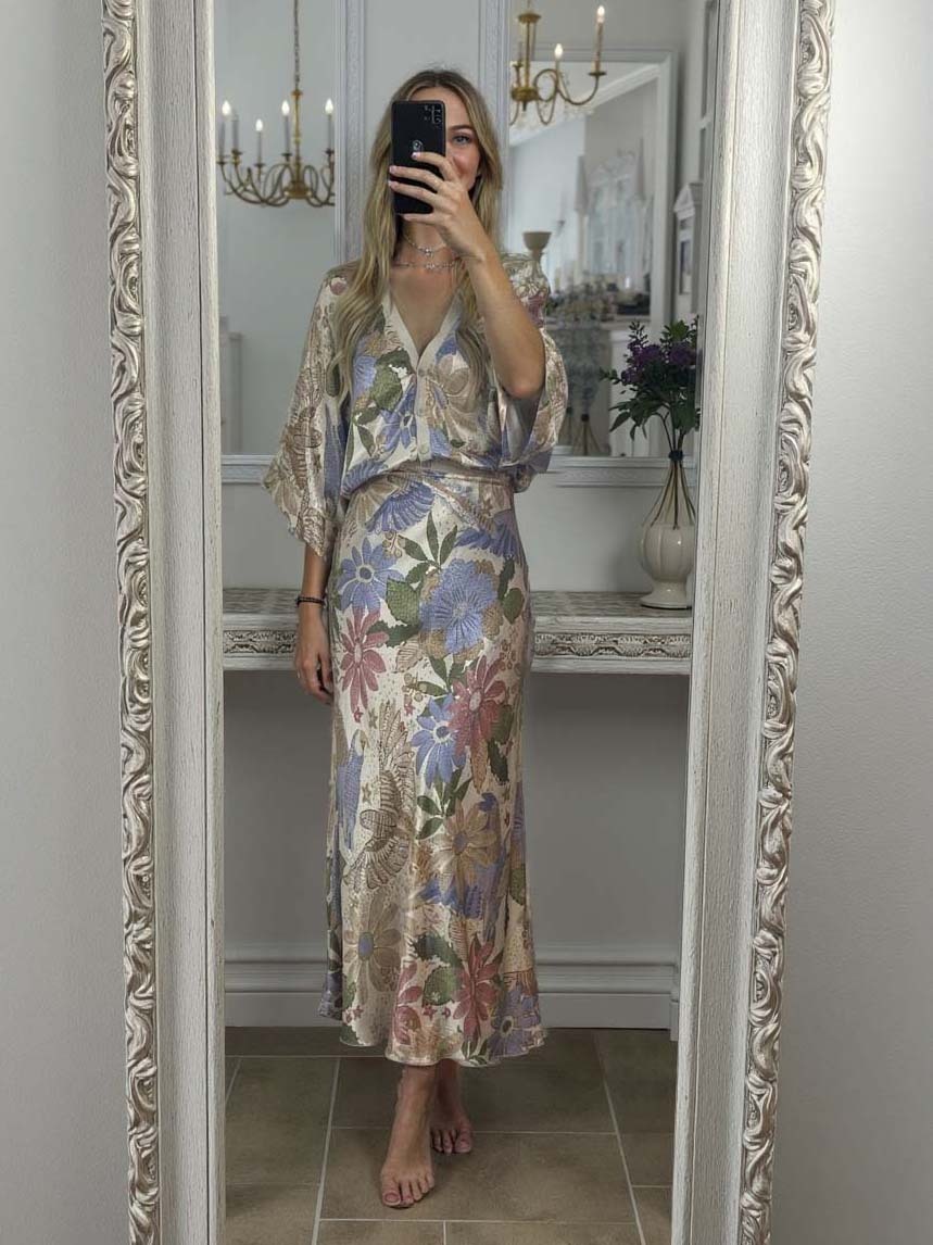 Exquisite Satin Floral Print Off-shoulder Shirt