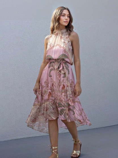 Tropical Palm Garden Print Sleeveless Midi Dress