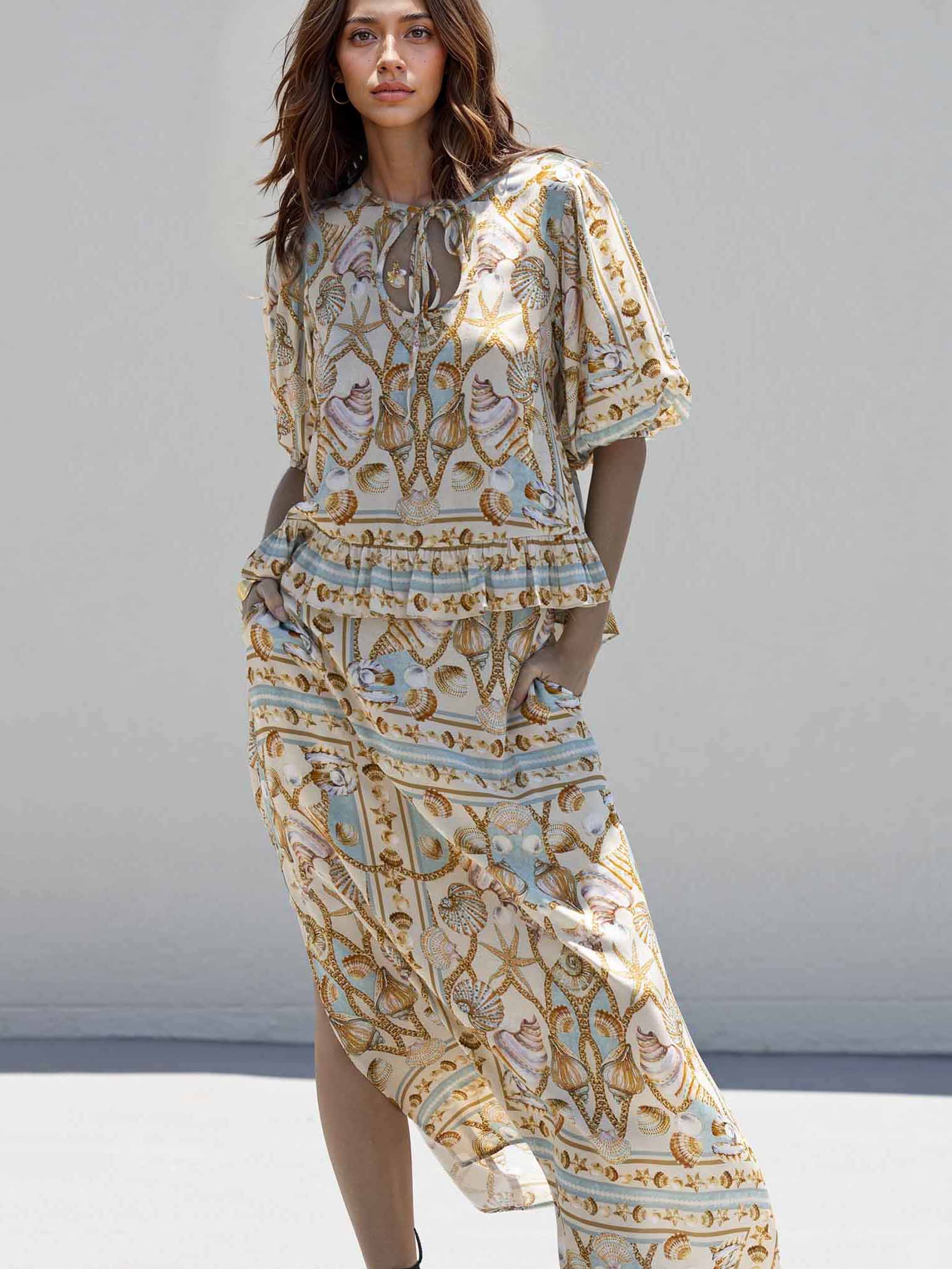 Exquisite Ocean Treasure Print Slit Skirt