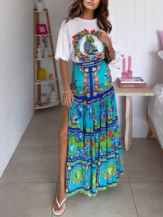 Unique Deep Sea Fish Print Maxi Skirt