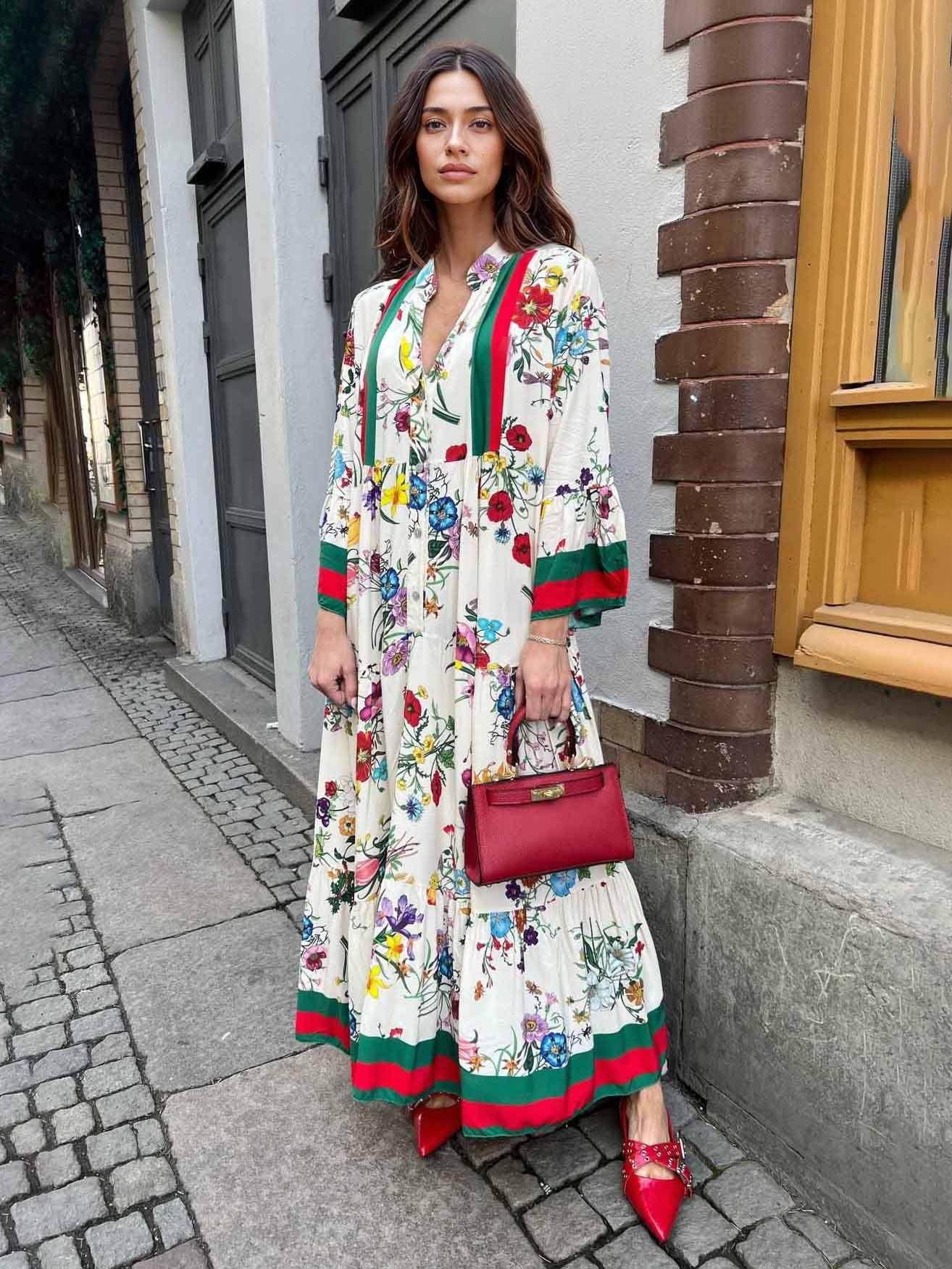 Resort Floral Print Bell Sleeve Maxi Dress