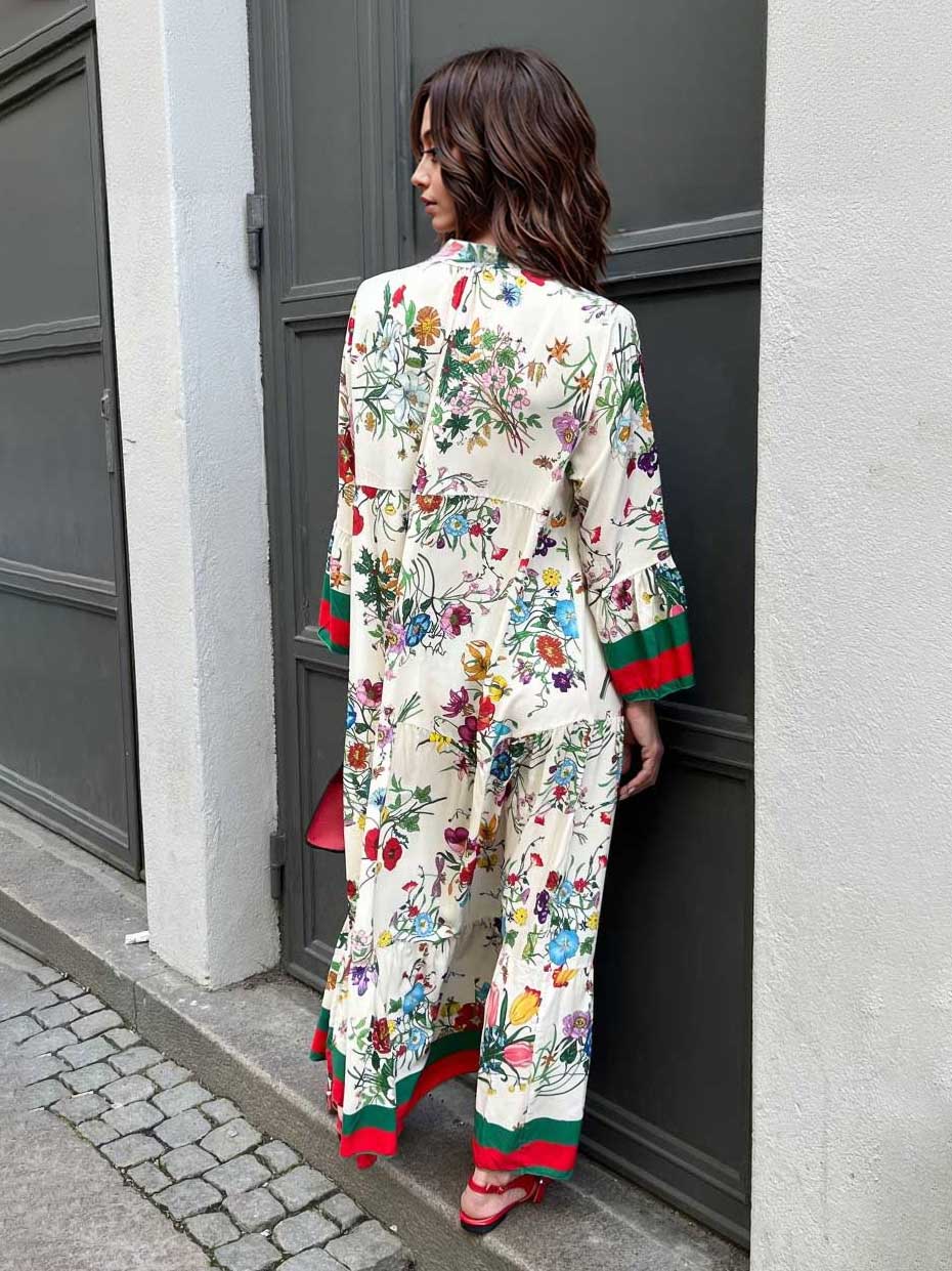 Resort Floral Print Bell Sleeve Maxi Dress