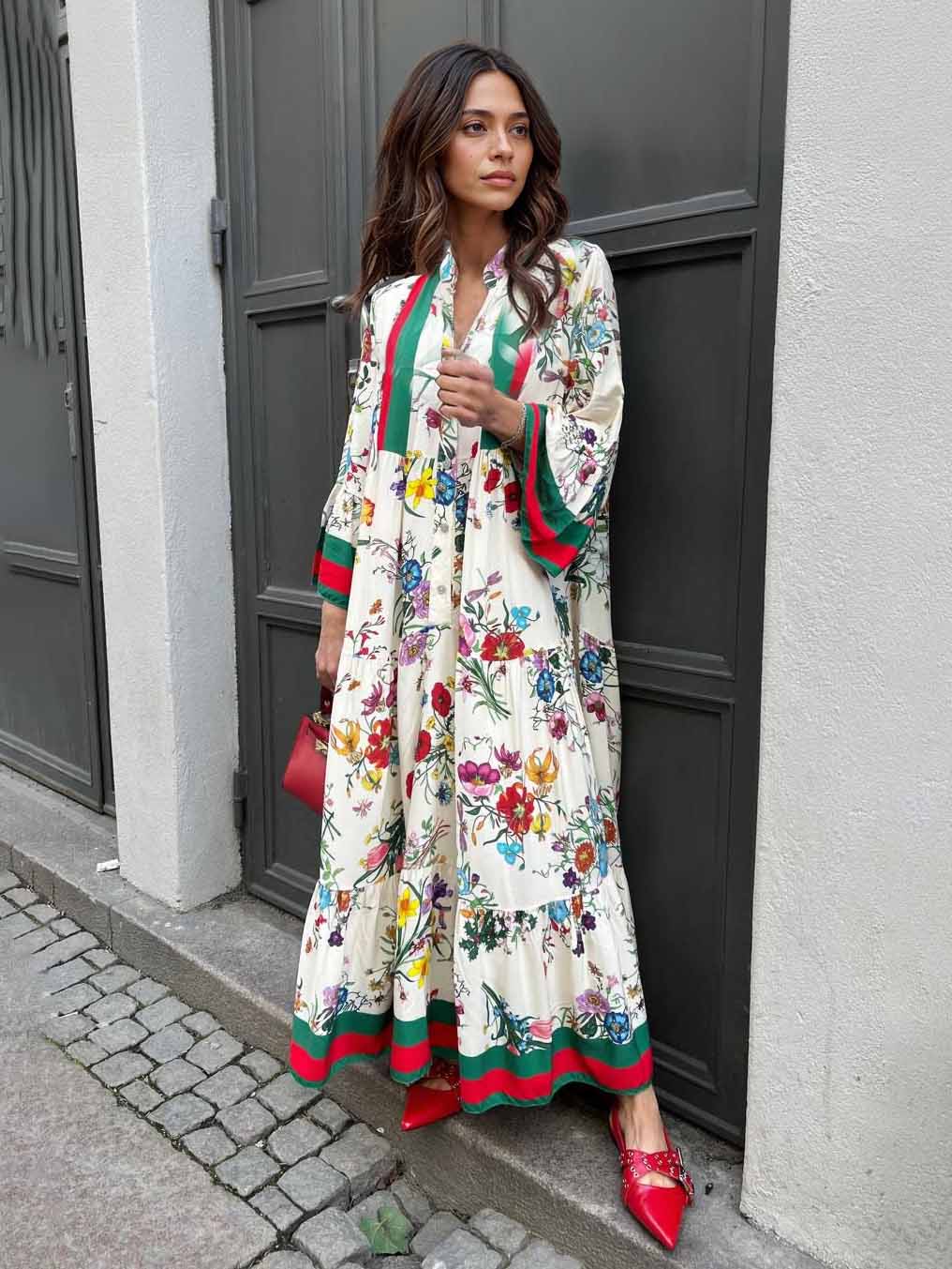 Resort Floral Print Bell Sleeve Maxi Dress