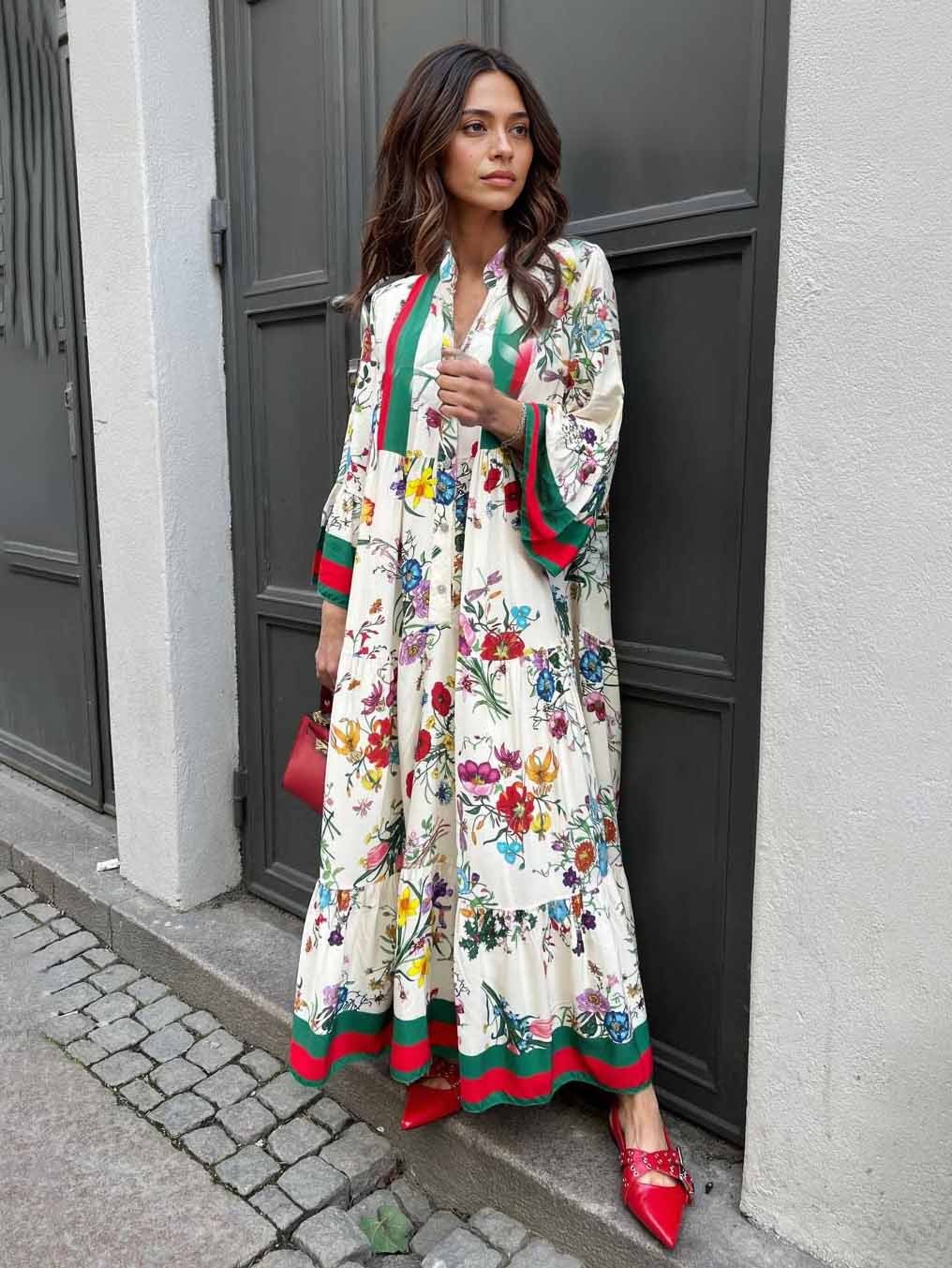 Resort Floral Print Bell Sleeve Maxi Dress