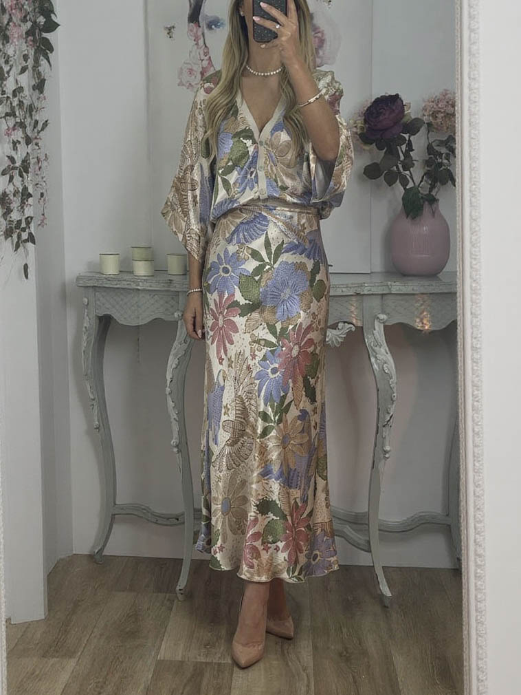 Exquisite Satin Floral Print Fishtail Skirt