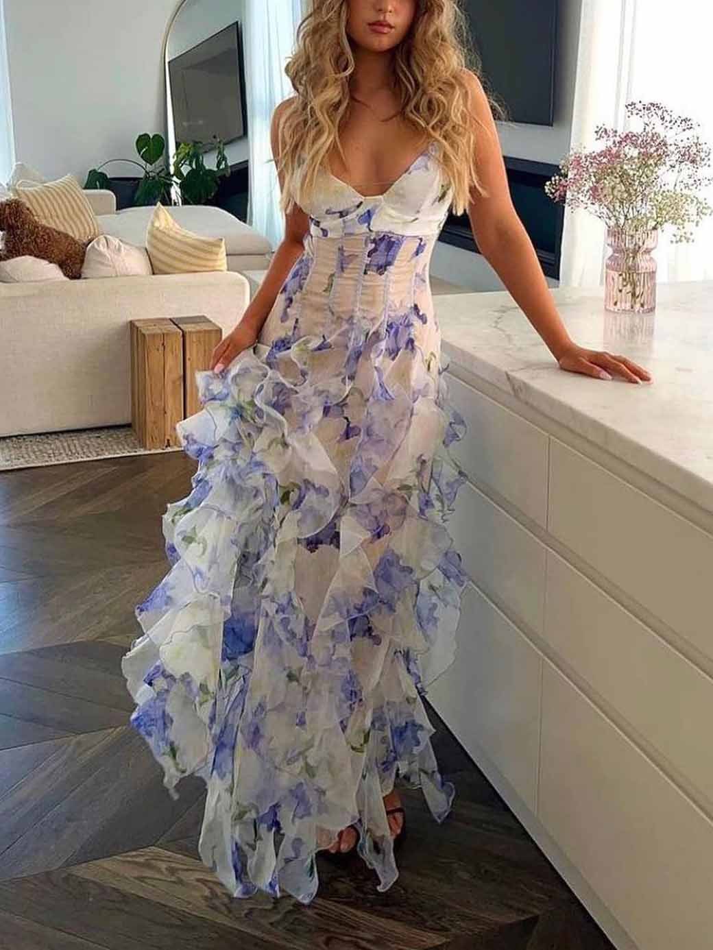 Fashion Floral Print Ruffle Maxi Dress