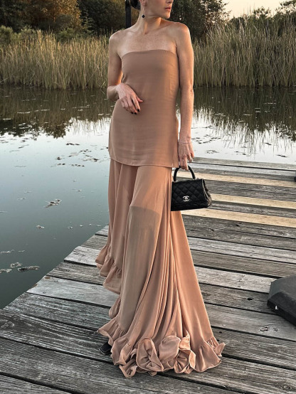 Elegant Fluffy Halter Ruffle Maxi Dress