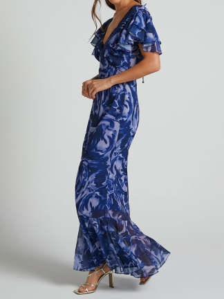 V-neck Waist Ruched Dress with Flutter Sleeves Pool